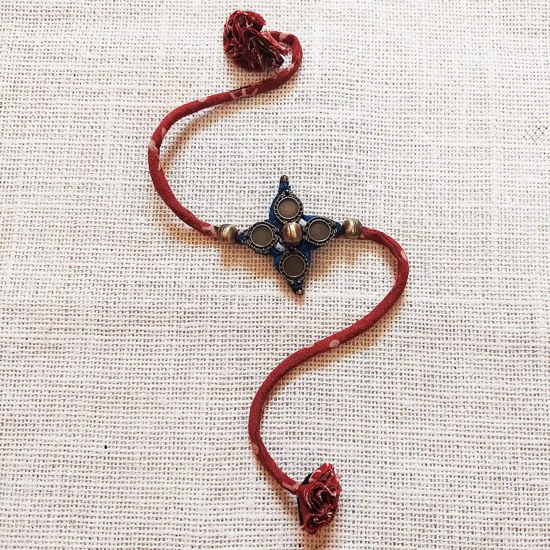 Handmade Dori Work Vintage Ajrakh Rakhi With Roli Chawal - Full Length with Rope Ends