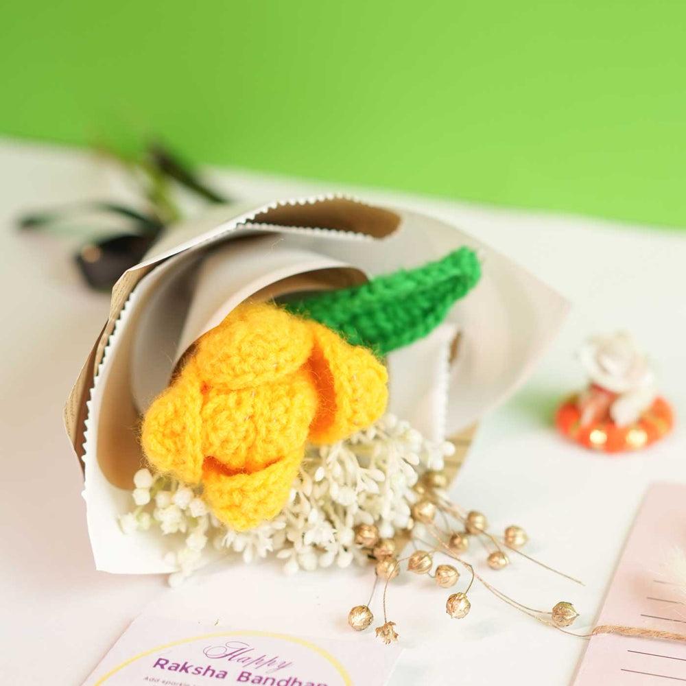 Personalized Handmade Crochet Tulip Dried Bunch Rakhi Hamper Includes 1 Crochet Flower Bunch 1 Message Card And 1 Rakhi And Roli Chawal - Close-up Angle
