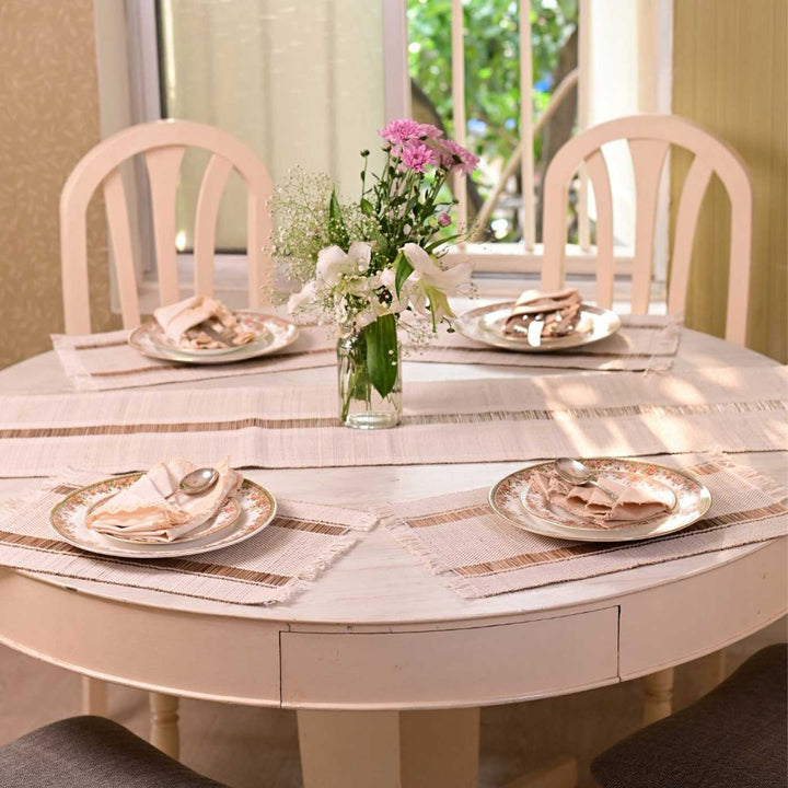 Hand Woven Single Striped Madhurkati White Table Runner & Table Mat
