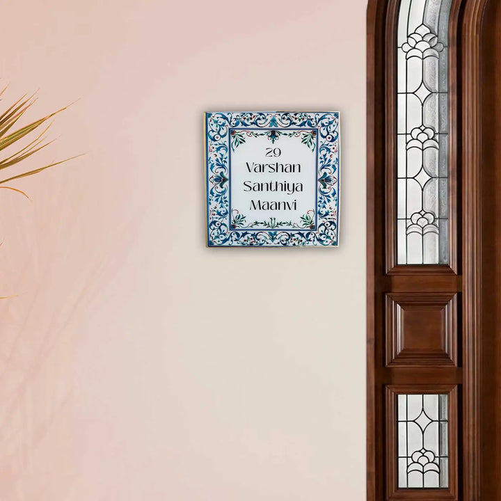 Blue & White Vintage Personalized Printed Framed Square Resin Name Plate