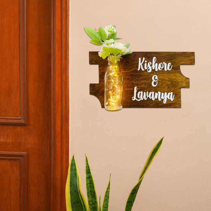 Personalized Quirky Birch Wood Name Plate With Led Lights - Wall Mounted with Lighted Vase