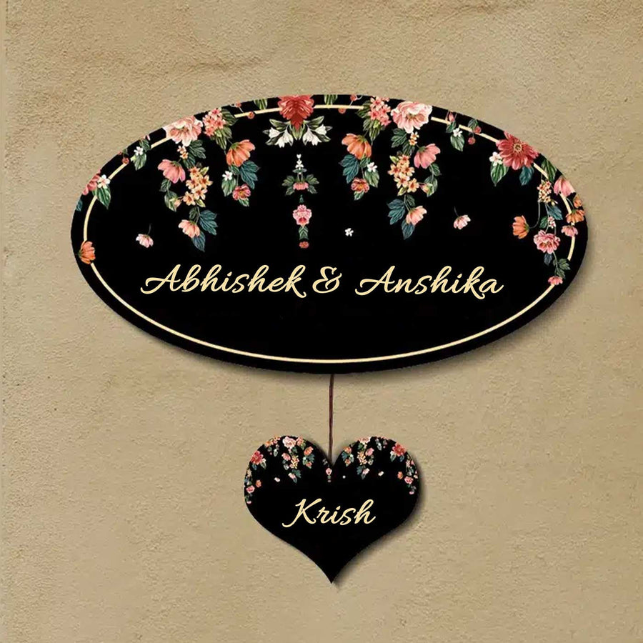 Printed Black Floral Wooden Oval Nameplate For Couples - Mounted on Wall with Hanging Sign