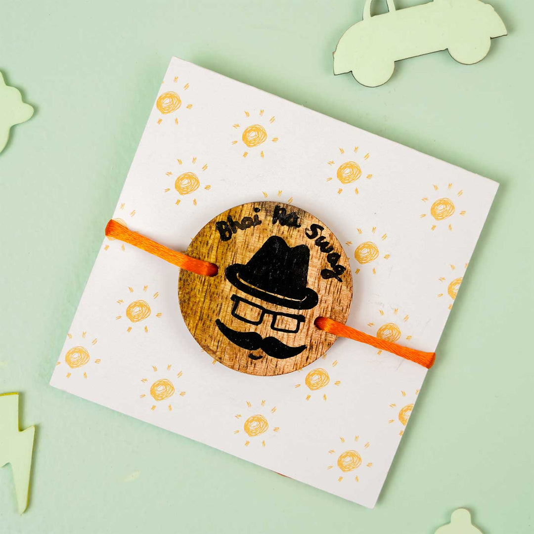 Personalized Hand Painted Bhai Swag Wooden Rakhi With Roli Chawal - On Card Packaging Display
