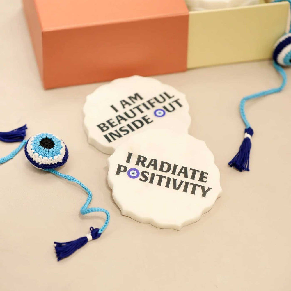 Handmade Crochet Evil Eye Design Cotton Rakhi Hamper Includes 1 Rakhi And 4 Coaster - Coasters and Bracelet Close-up
