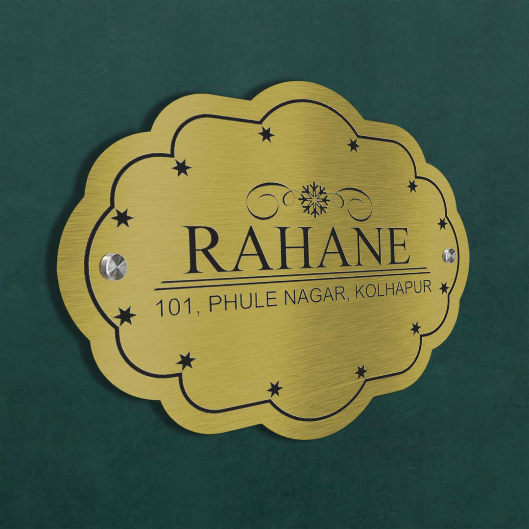 Personalized Weatherproof Cloud Shaped Engraved Gold Stainless Steel Name Plate - Mounted on Wall Close-up Angle