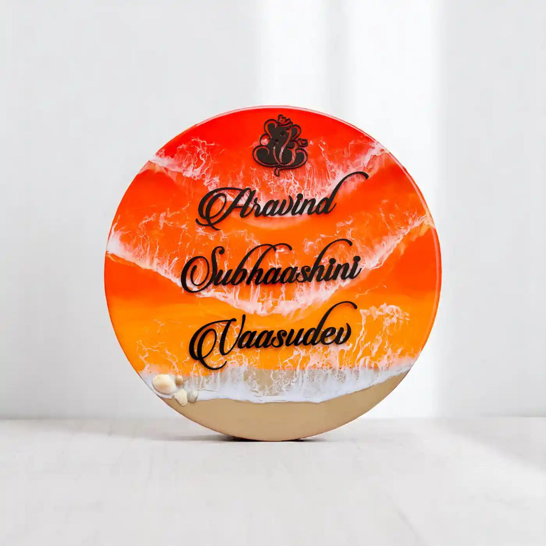 Orange And Black Personalized Ocean Effect Round Resin Name Plate | With 3D Acrylic Letters