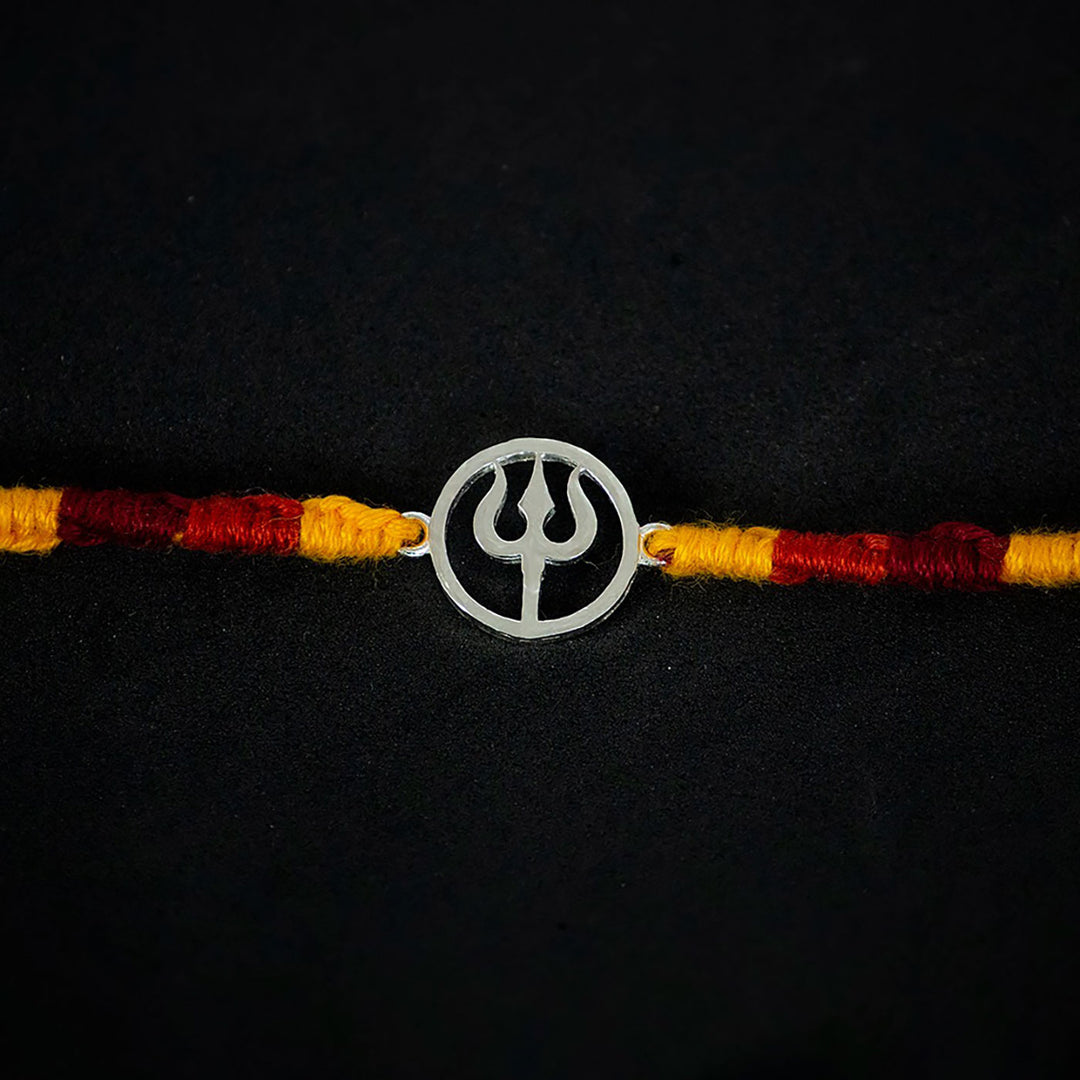 Handmade Trishul 925 Silver Rakhi With Roli Chawal For Brother - Close-up of Central Pendant