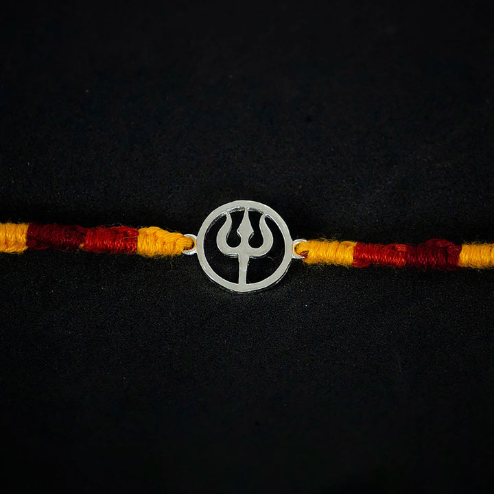 Handmade Trishul 925 Silver Rakhi With Roli Chawal For Brother - Close-up of Central Pendant