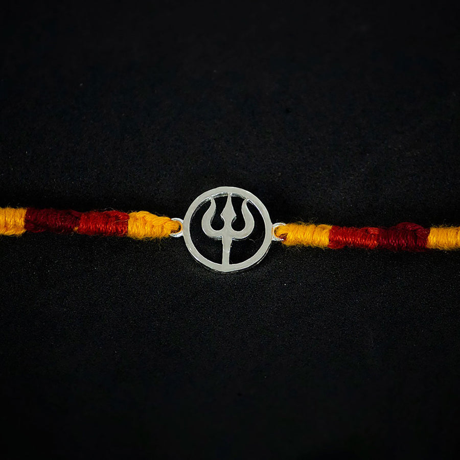 Handmade Trishul 925 Silver Rakhi With Roli Chawal For Brother - Close-up of Central Pendant