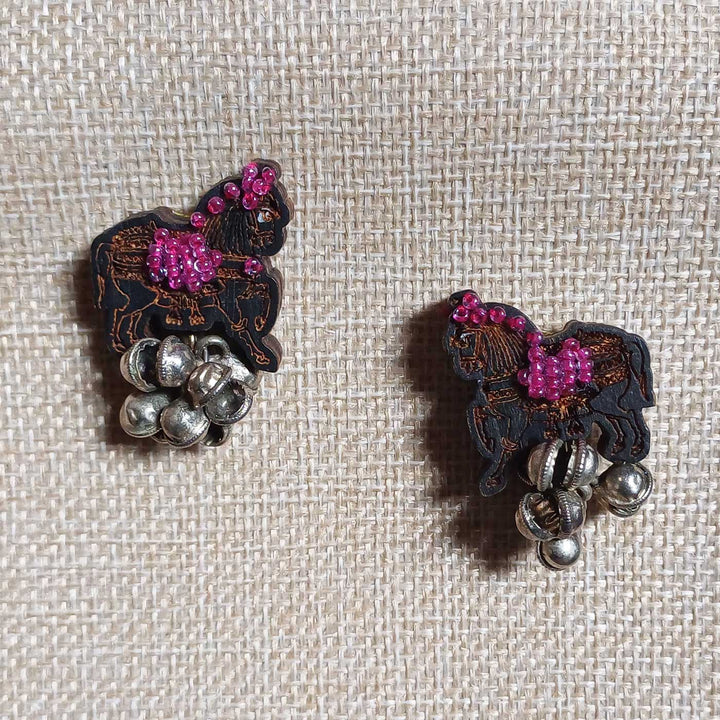 Handmade Beaded Black Horse Ghungroo Wooden Earrings