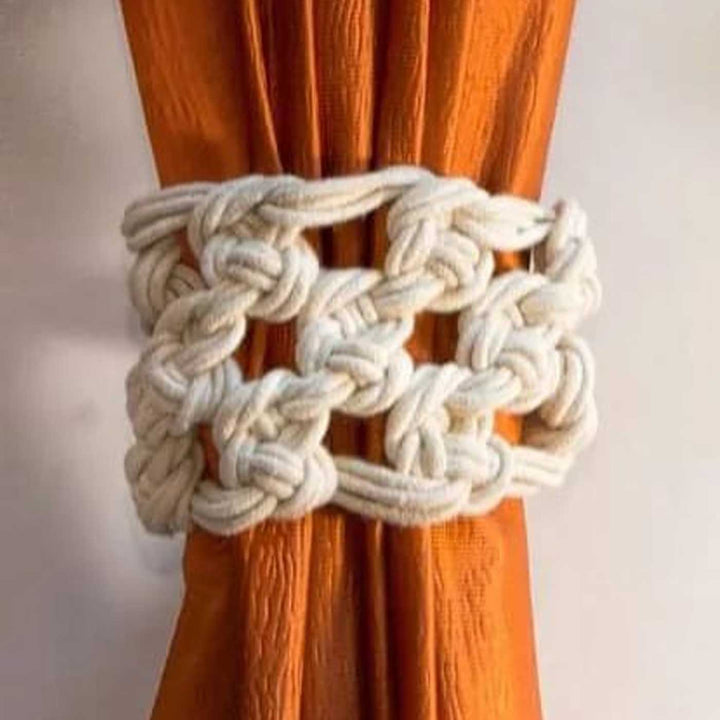 Set Of 2 | Handmade Macrame Knotted Checks Design Cotton Curtain Tie-Back