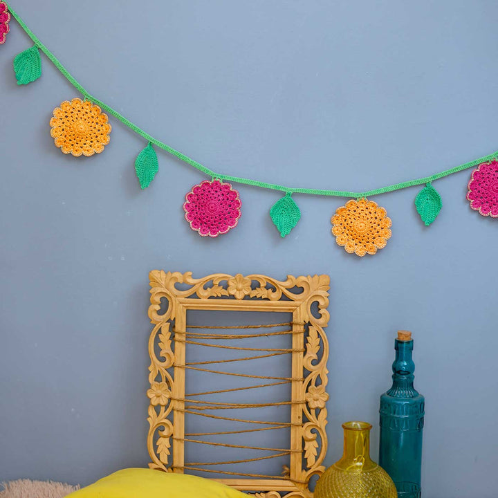 Handmade Crochet Flower Themed Cotton Bunting - Styled Room Display with Decorative Frame