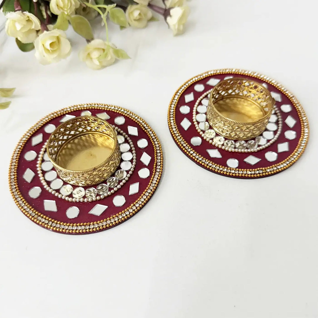 Handmade Mirror Work Maroon & Gold Tealight Holder | Set Of 2