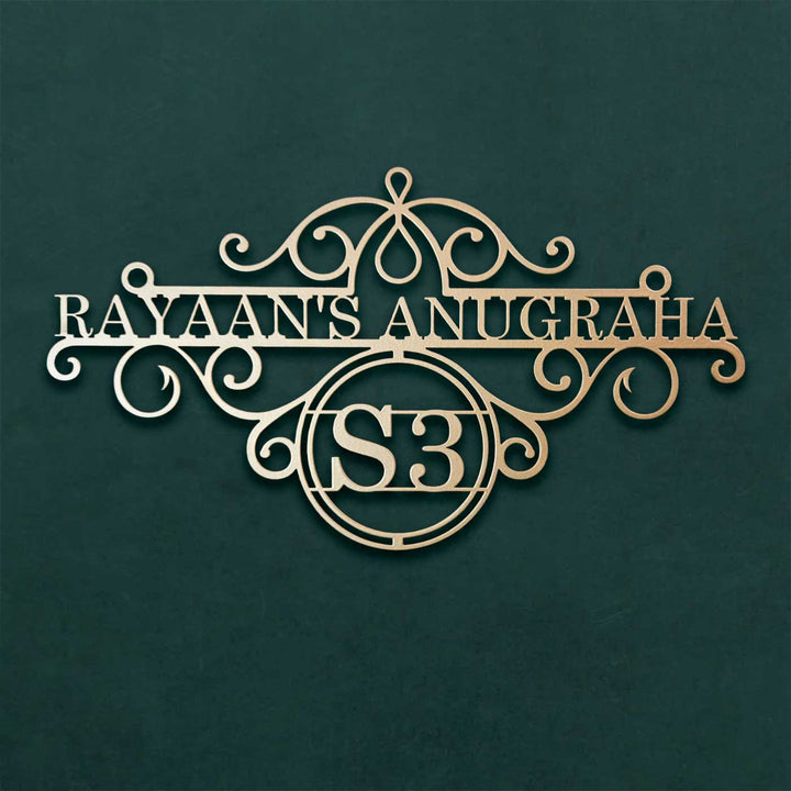 Personalize Ornate Weatherproof Name Plate With House Number - Front View on Wall Background