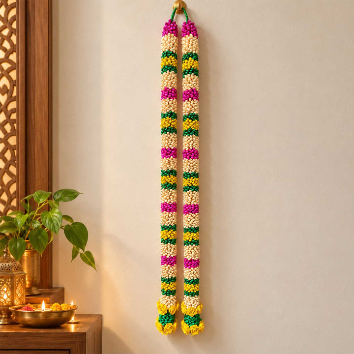 2 Pc | Handcrafted Looped Palm Leaf Door Hanging With Floral Pattern - Yellow & Pink