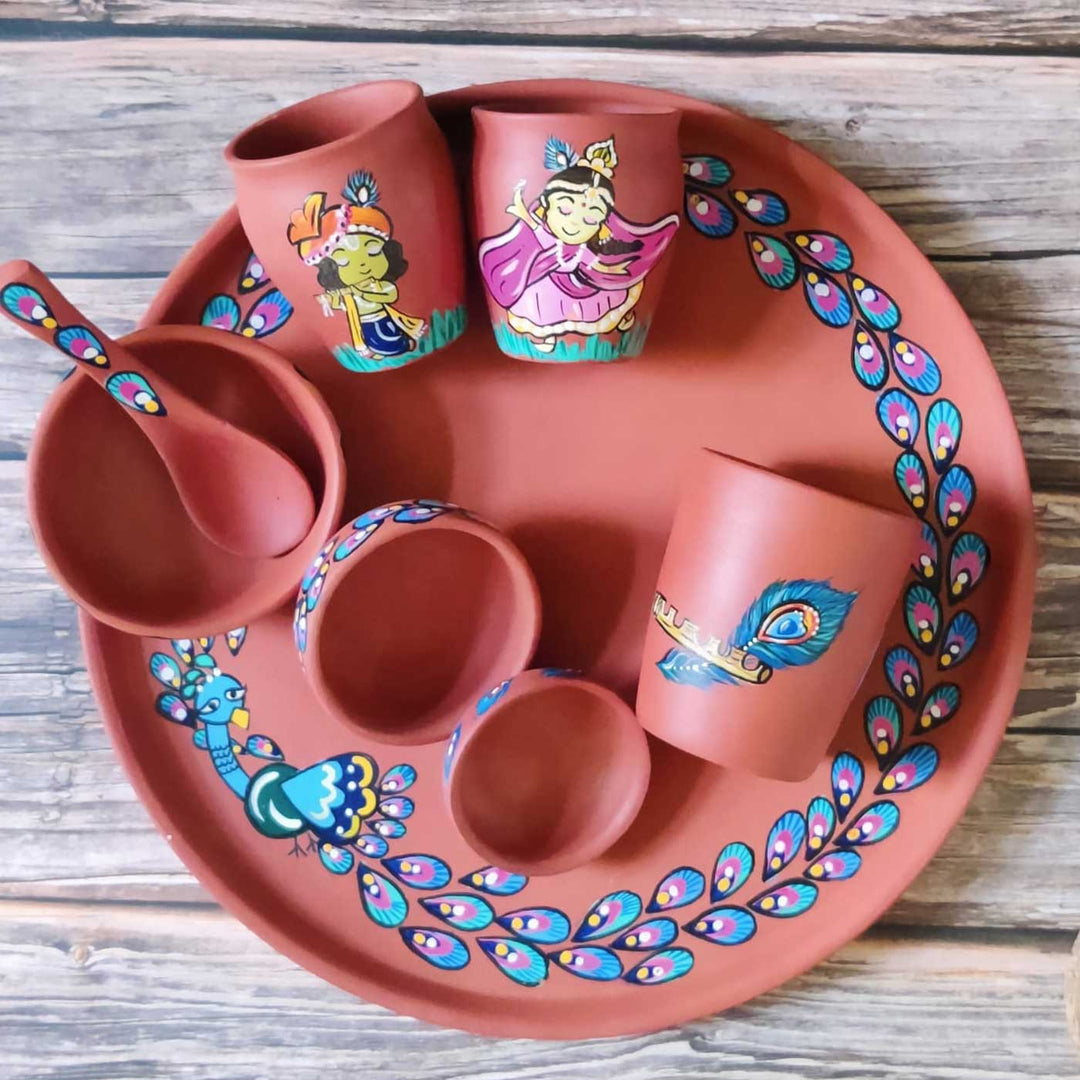 Hand-Painted Krishna Theme Terracotta Bhog Thali | Set Of 8