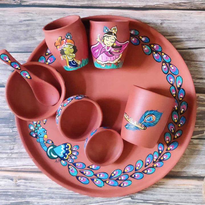 Hand-Painted Krishna Theme Terracotta Bhog Thali | Set Of 8