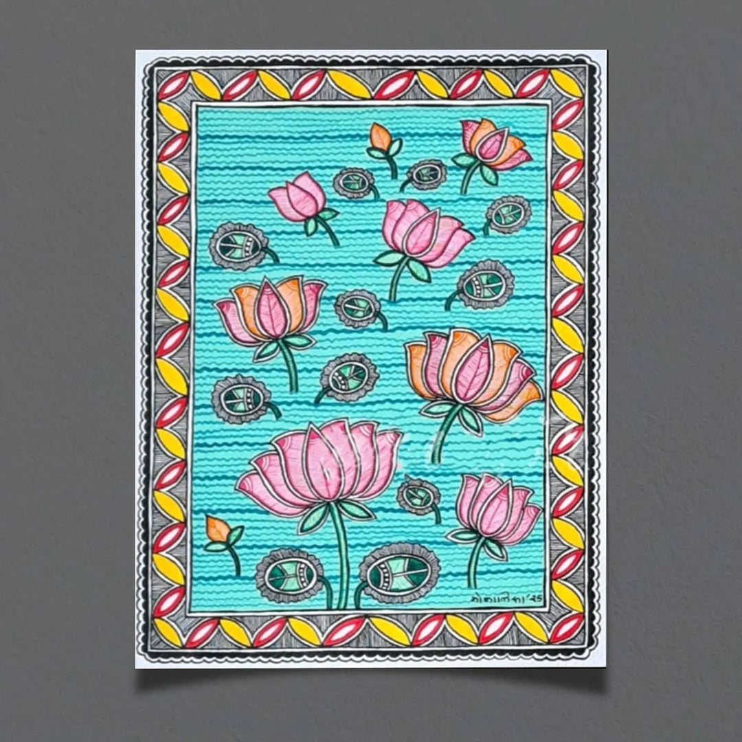 8 x 11 Inch | Petals & Ripples | Original Hand Painted Madhubani Painting On Paper