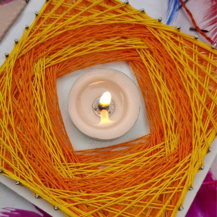 Handmade String Art Sunshine Design Wooden Tealight Holder With Tealight Candle