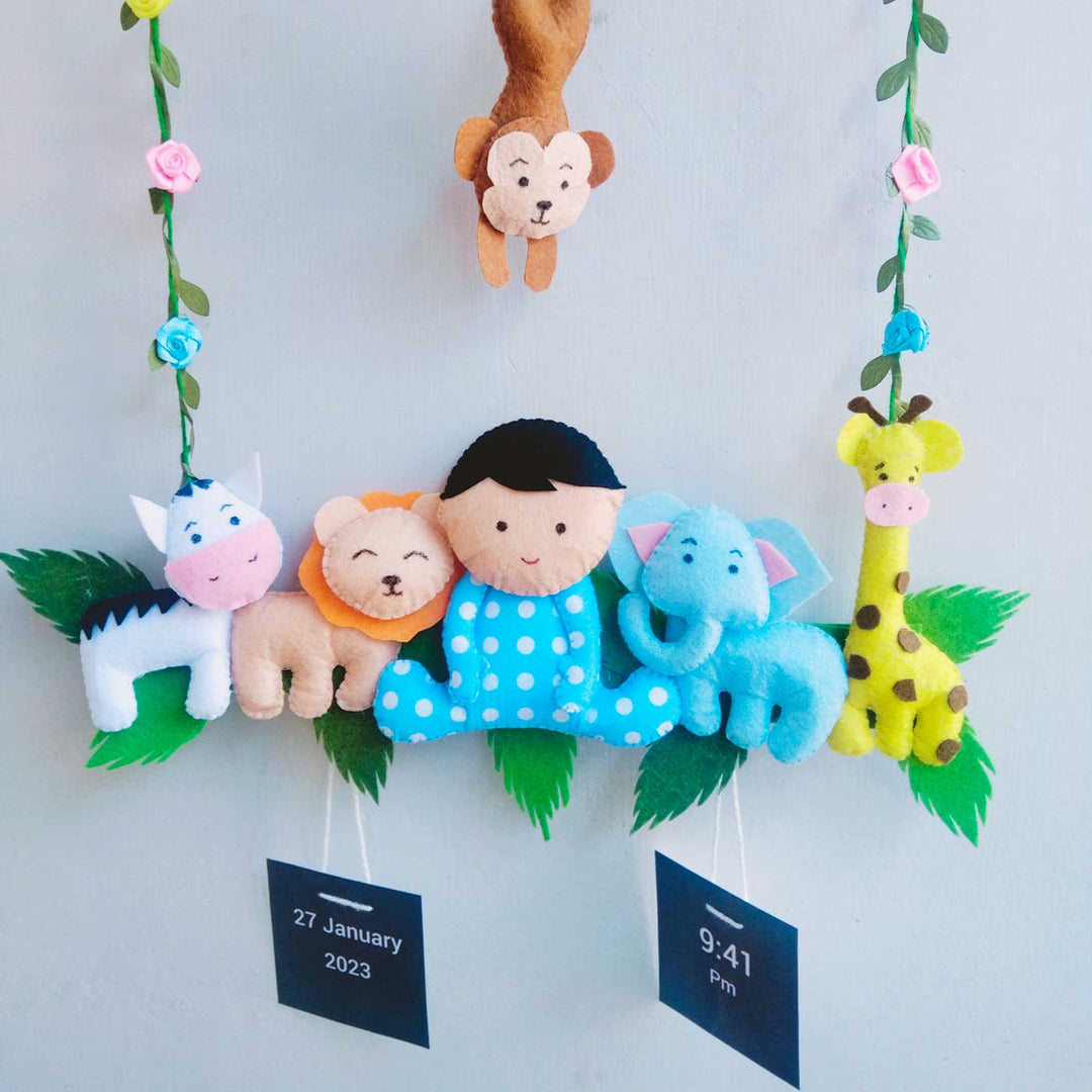Personalized Boys Jungle Theme Felt Kids Name Plate - Front View Hanging Nursery Mobile