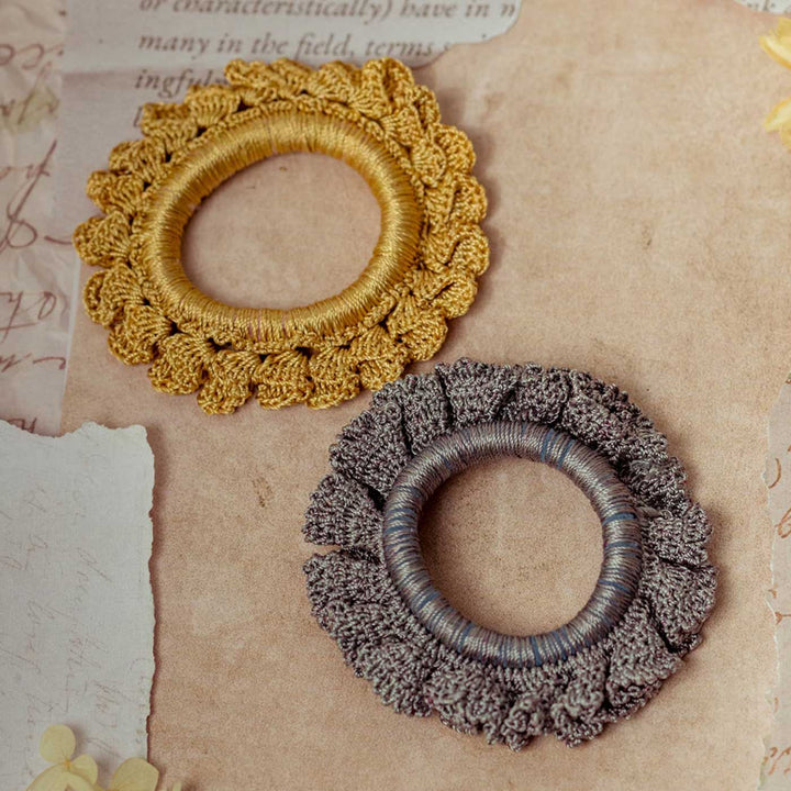 Handmade Crochet Guncha Mustard Grey Bloom Scrunchie | Set Of 2