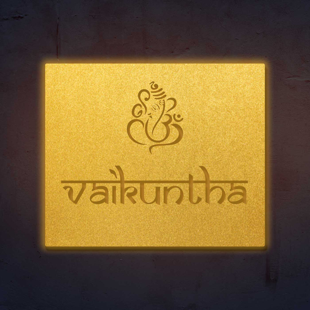 Personalized Laser Cut Ganesha Theme Steel Name Plate - Front View with Glowing Edge