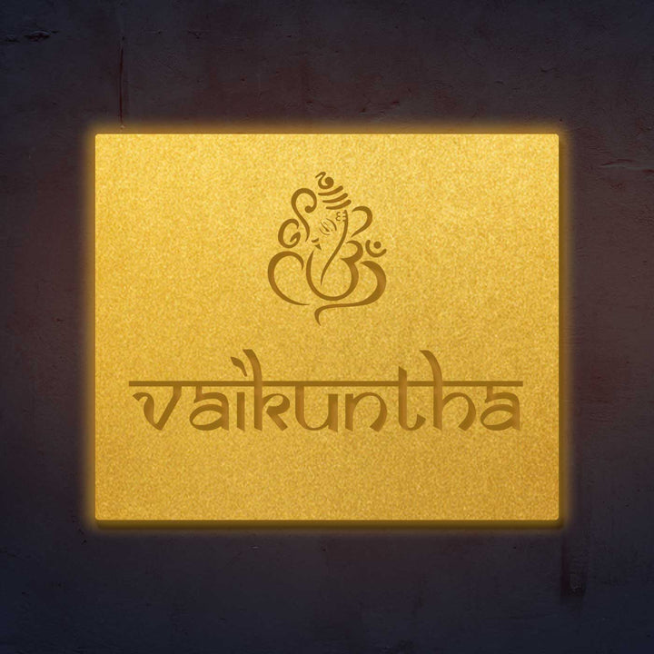 Personalized Laser Cut Ganesha Theme Steel Name Plate - Front View with Glowing Edge