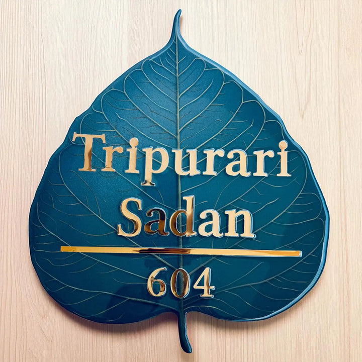 Blue Personalized Leaf Shape Resin Name Plate | With 3D Acrylic Letters