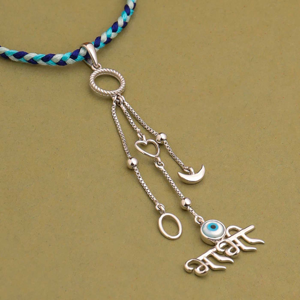 Handmade Evil Eye Design Silver Lumba Rakhi For Bhabhi 1 - Close-up of Pendant Details