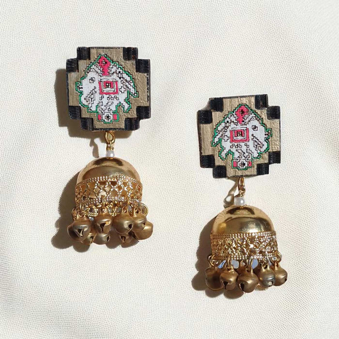 Handmade Golden Elephant Jhumka Wooden Earrings
