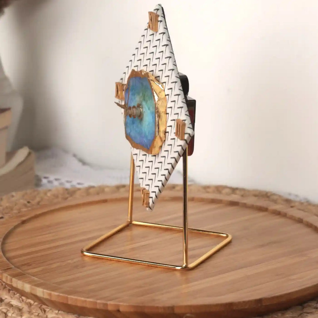 Black And White Diamond Cotton Fabric Coated MDF Desk Clock With Agate Accent | 6 x 4 x 3.5 inch