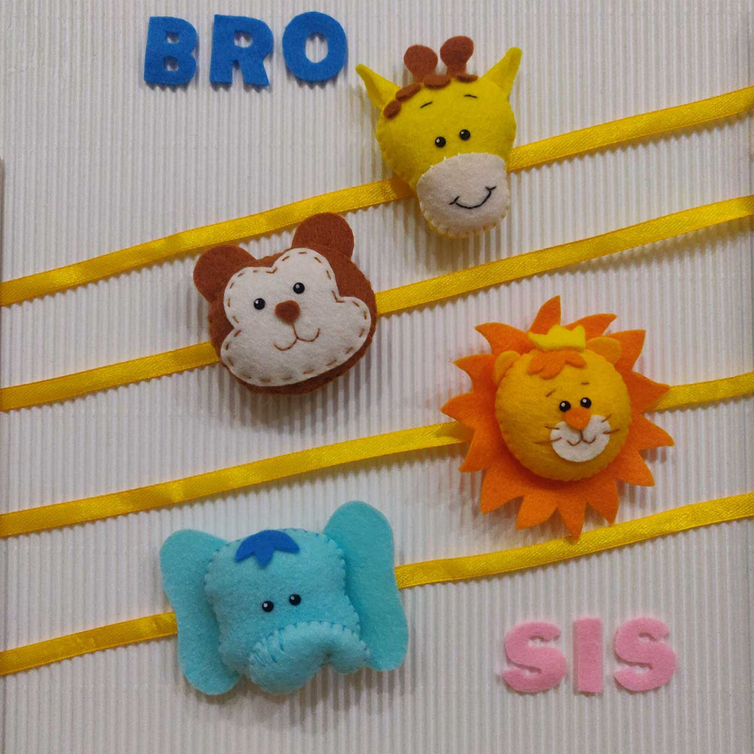 Handmade Lion Theme Felt Kids Rakhi With Roli Chawal 10 - Multiple Characters Display with Ribbons