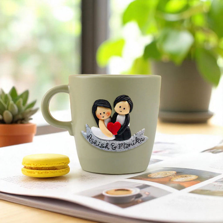 Personalized Couple & Heart Mug With 3D Clay Figurine