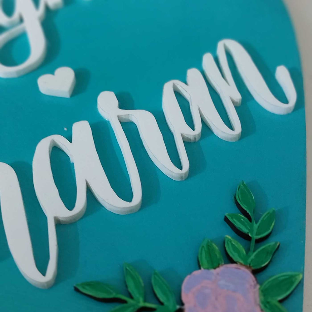 Personalized Blue Enchanted Heart Theme Wooden Name Plate - Engraving Close-up on Background