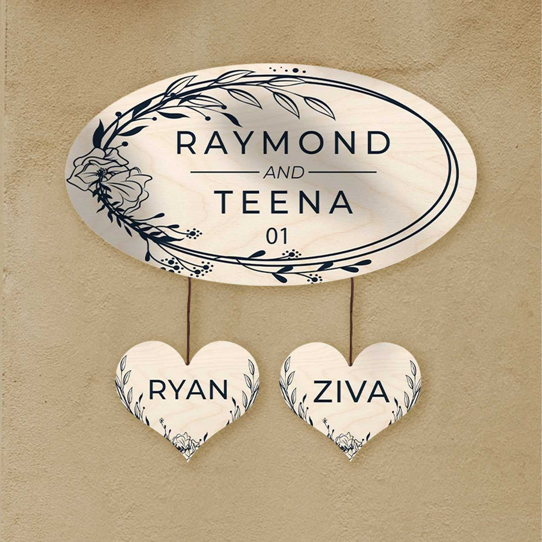 Printed Floral Wooden Oval Nameplate For Couples - Mounted on Wall with Hanging Hearts