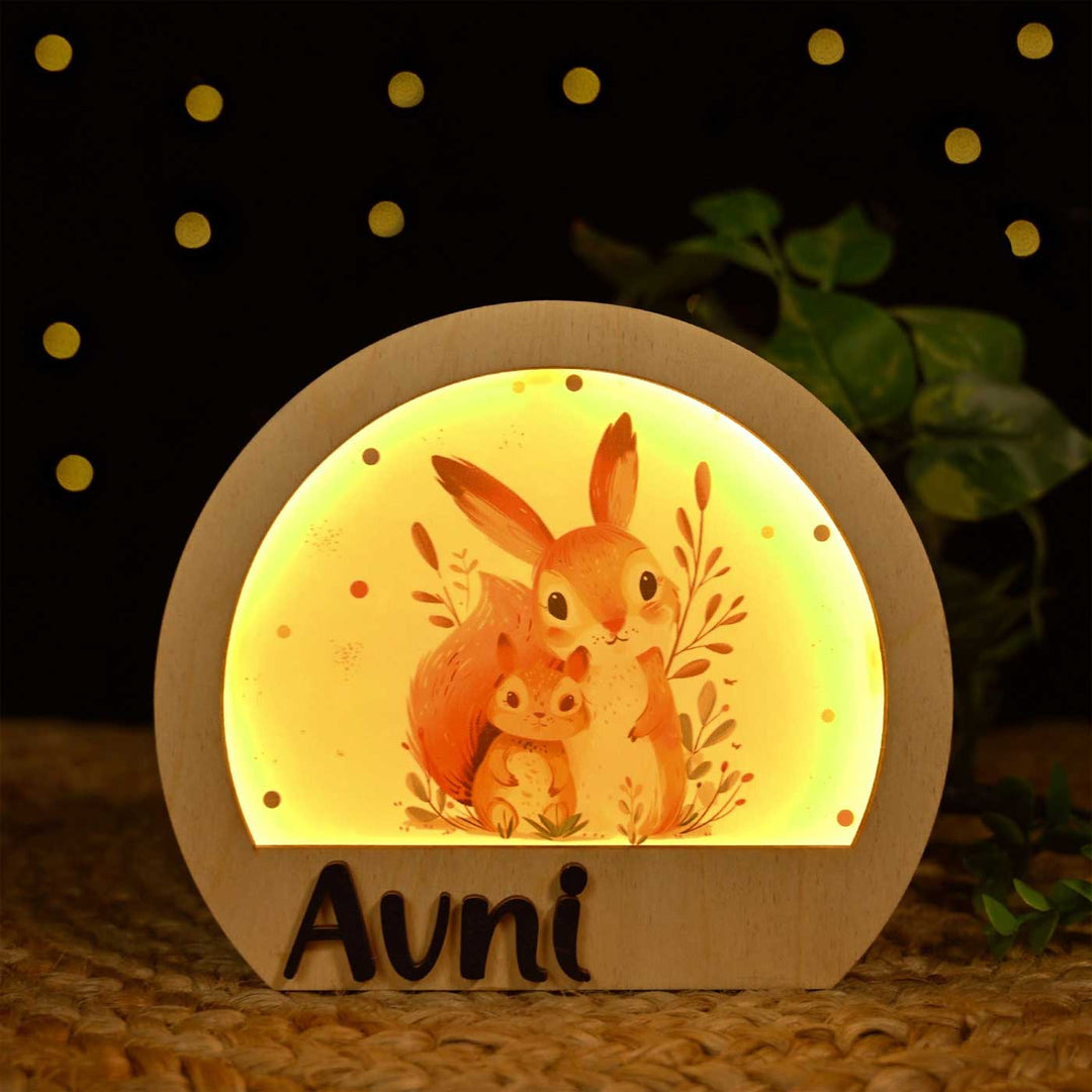 Personalized Squirrel Theme Wooden Table Lamp For Kids With 3D Letters