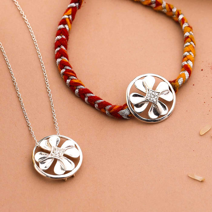 Handmade Clover Leaf Design Silver Rakhi For Brother - Necklace and Rakhi Front View