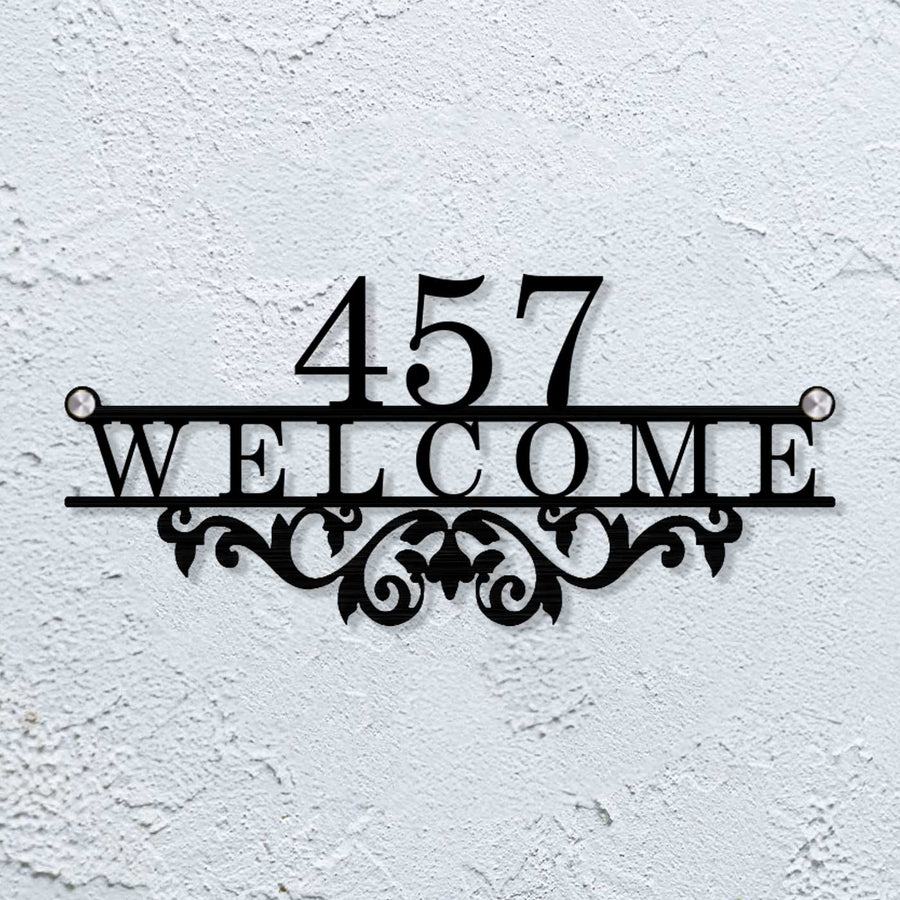 Personalized Laser Cut Classic Design Steel Name Plate - Mounted on Wall Close-up