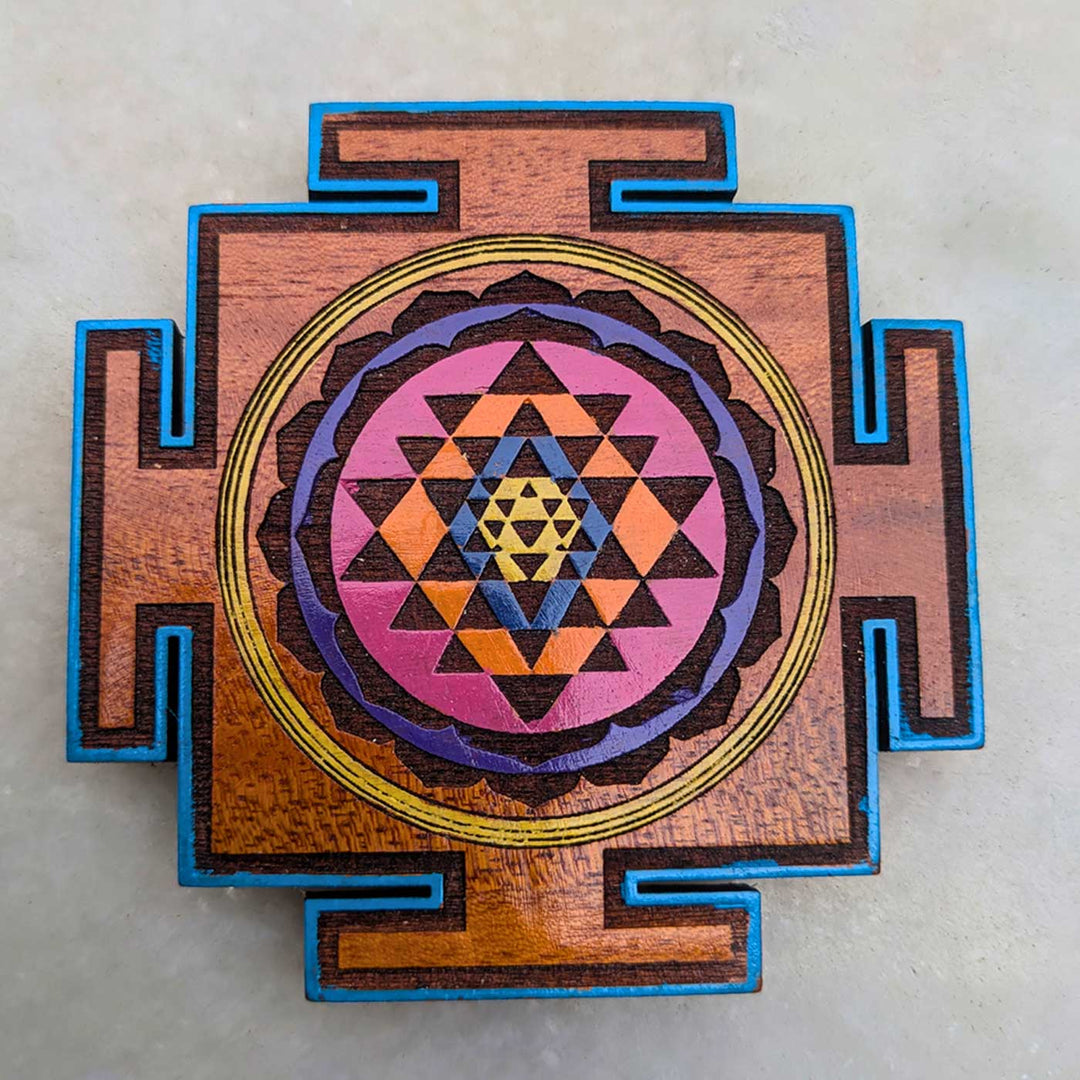 Engraved & Hand-Painted Sri Chakra Mahogany Wood Fridge Magnet