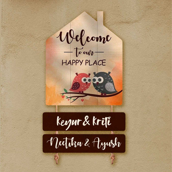 Printed Wooden House Shaped Owl Nameplate For Couples - Mounted on Wall Name Personalization