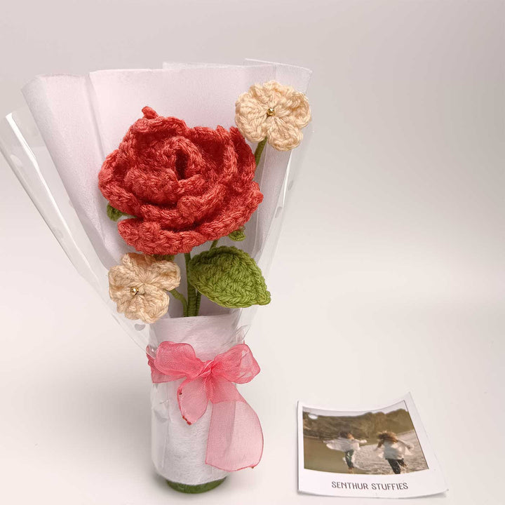 Handmade Crochet Red Rose Mini Flower Bouquet | Includes Photo & Greeting Card