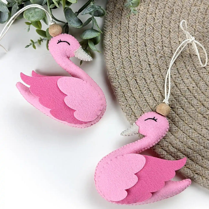 2 Pc | Handmade Pink Swan Felt Hangings For Kids