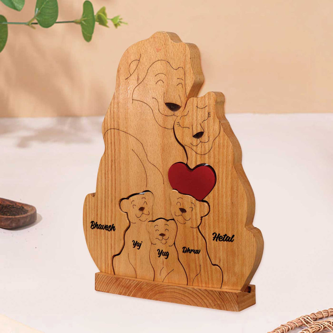 Personalized Lion Family Of 5 Wooden Figurine