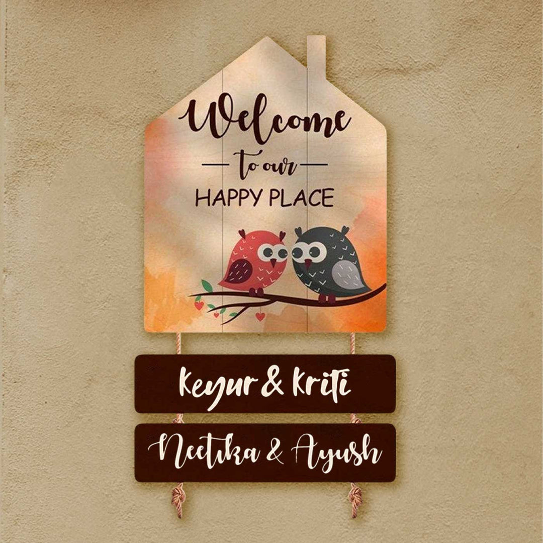 Printed Wooden House Shaped Owl Nameplate For Family With 2 Children - Mounted on Wall with Personalized Signs