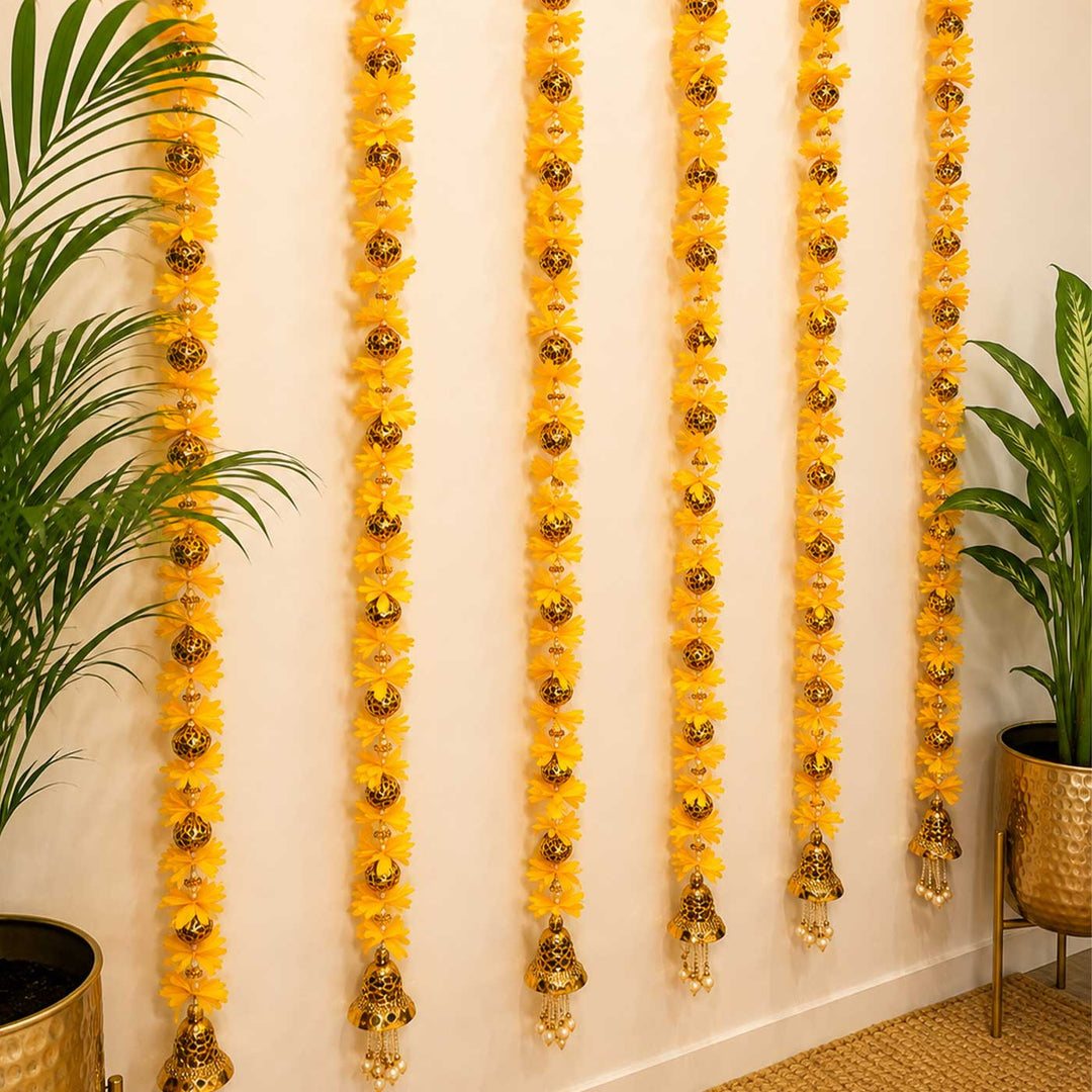 Handcrafted Artificial Flower Yellow Tassel Hangings With Gold Bead Detailing