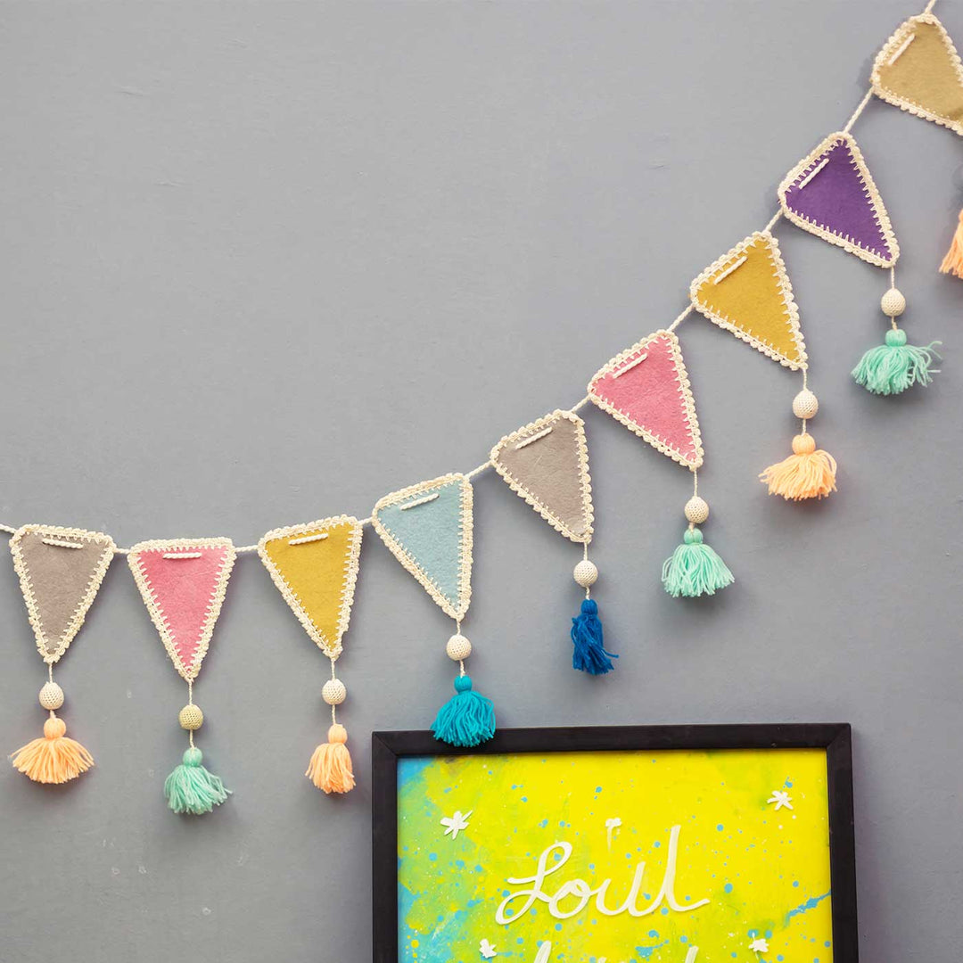 Handmade Crochet Triangle Themed Felt Bunting - Hanging Display Showing Full Garland Length