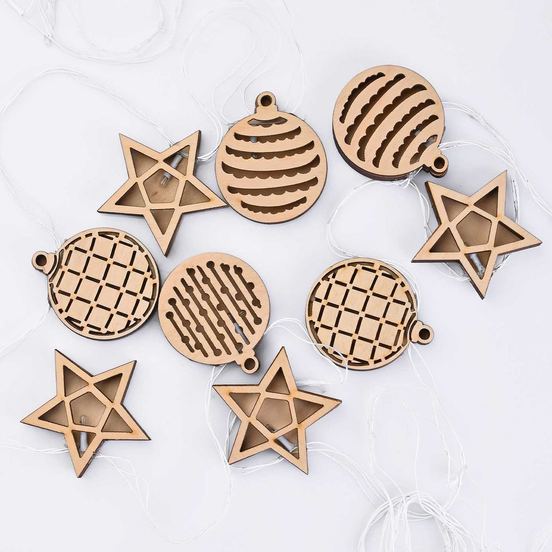 3 m, 14 Bulbs | Decorative Birch Wood 3D Rio Star & Bobbles LED Fairy Light
