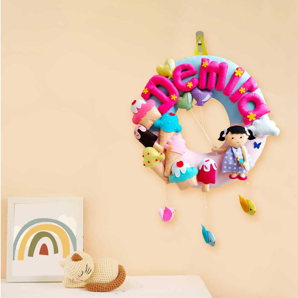 Personalized Icecream Theme Felt Kids Name Plate - Hanging on Wall Hook Close-up