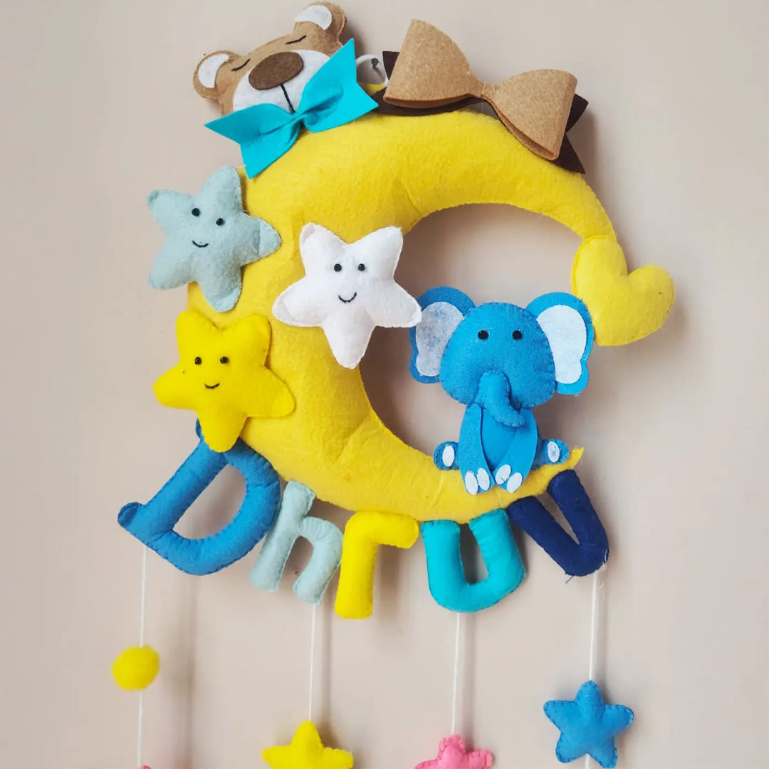 Personalized Elephant & Moon Theme Felt Kids Name Plate