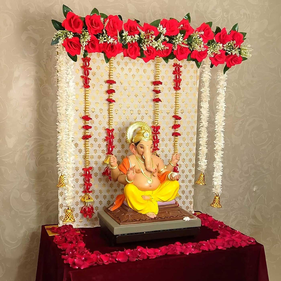 Maharaja Pooja Backdrop Decor Kit With Artificial Floral Panel & Bell Garlands